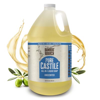 BAMBOO AND BIRCH Pure Castile Soap Liquid Organic, Certified Palm Oil Free Natural Soap, Unscented, 64 oz