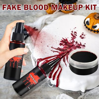 QIUFSSE Halloween Fake Blood Makeup Kit,Includes Fake Blood Spray,Dripping Blood,Coagulated Blood,Stippling Sponge,Washable Fake Blood for Clothes Face Mouth Vampire Zombie Cosplay Makeup Paint