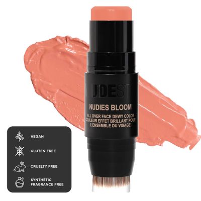 Nudestix Nudies Bloom Dewy and Radiant Cream Blush 3-in-1 All Over Face Colour For Cheeks, Eyes and Lips wBlending Brush (Sweet Peach Peony)