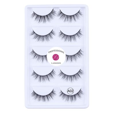 100% Siberian Mink Fur 3D False Eyelash LASGOOS Degisn Luxurious Natural Messy Wedding Party Fake Eyelashes 5 PairsBox (A02)