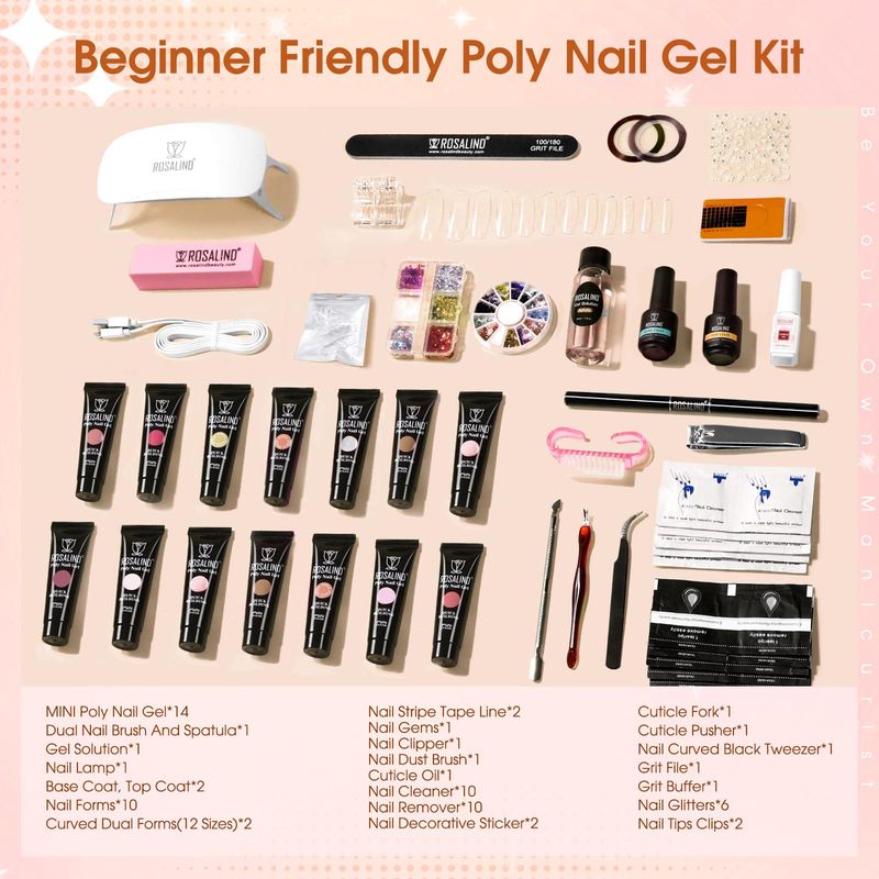 ROSALIND Poly Nail Gel Kit -14 Colors 72 Nail Art Accessories kit Clear Nude Poly Nails Gel Kit Starter Kit with Mini UV Lamp Slip Solution Basic Poly Nail Gel Nail Kit for Beginners with Everything