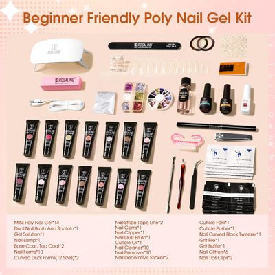 ROSALIND Poly Nail Gel Kit -14 Colors 72 Nail Art Accessories kit Clear Nude Poly Nails Gel Kit Starter Kit with Mini UV Lamp Slip Solution Basic Poly Nail Gel Nail Kit for Beginners with Everything