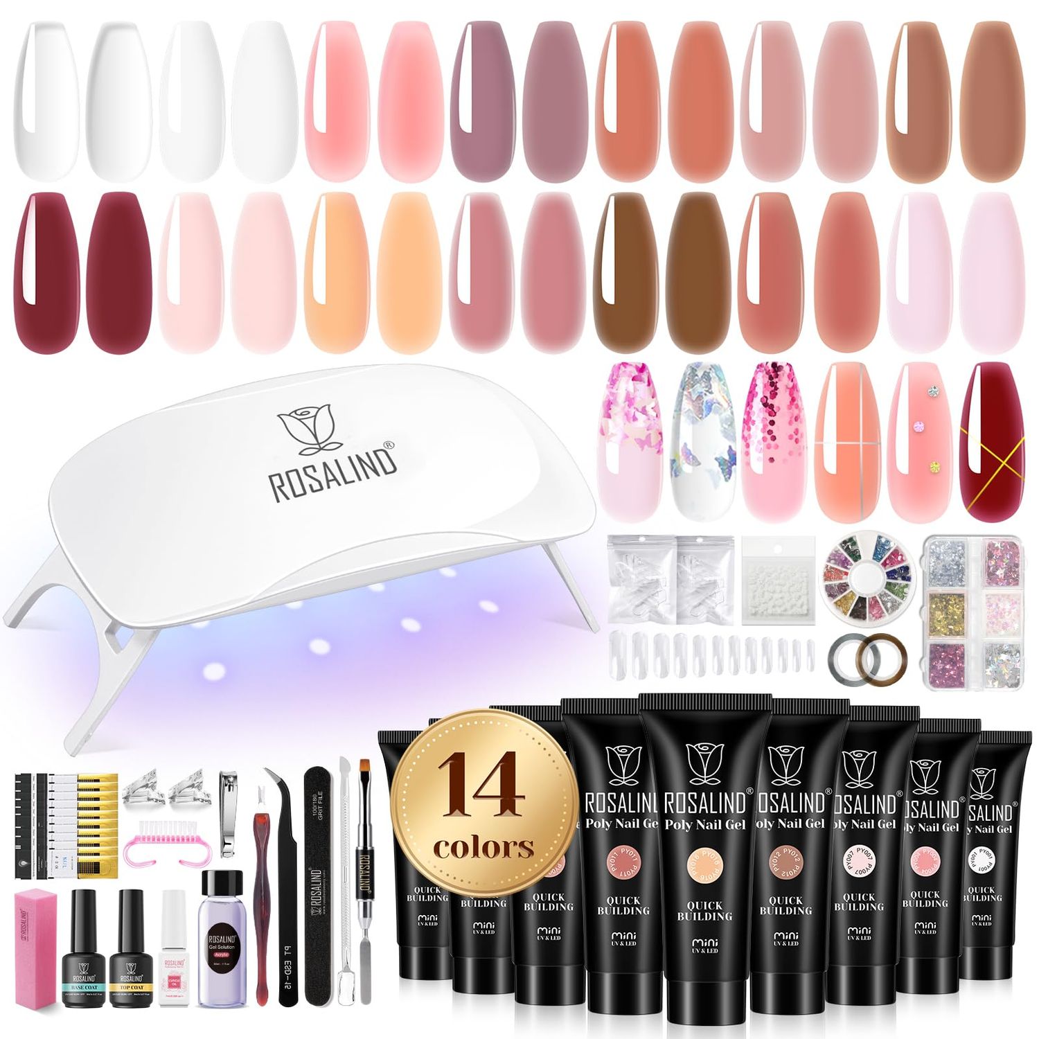 ROSALIND Poly Nail Gel Kit -14 Colors 72 Nail Art Accessories kit Clear Nude Poly Nails Gel Kit Starter Kit with Mini UV Lamp Slip Solution Basic Poly Nail Gel Nail Kit for Beginners with Everything