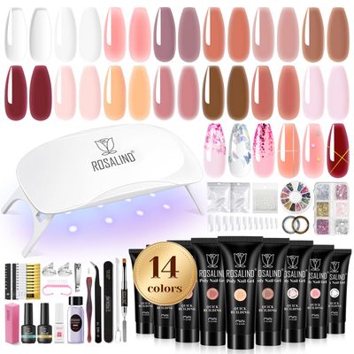 ROSALIND Poly Nail Gel Kit -14 Colors 72 Nail Art Accessories kit Clear Nude Poly Nails Gel Kit Starter Kit with Mini UV Lamp Slip Solution Basic Poly Nail Gel Nail Kit for Beginners with Everything