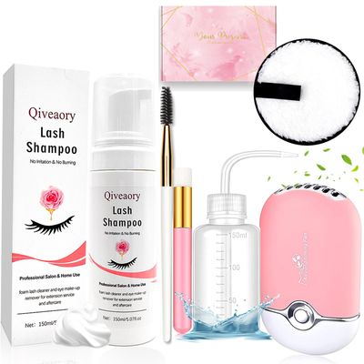 150ml5.07fl.oz Eyelash Extension Cleanser, Lash Shampoo for Eyelash Extension Eyelash Brush with Cap USB Lash Fan Mascara Brush Wash Bottle Reusable Makeup Remover Pad, Paraben &amp; Sulfate Free