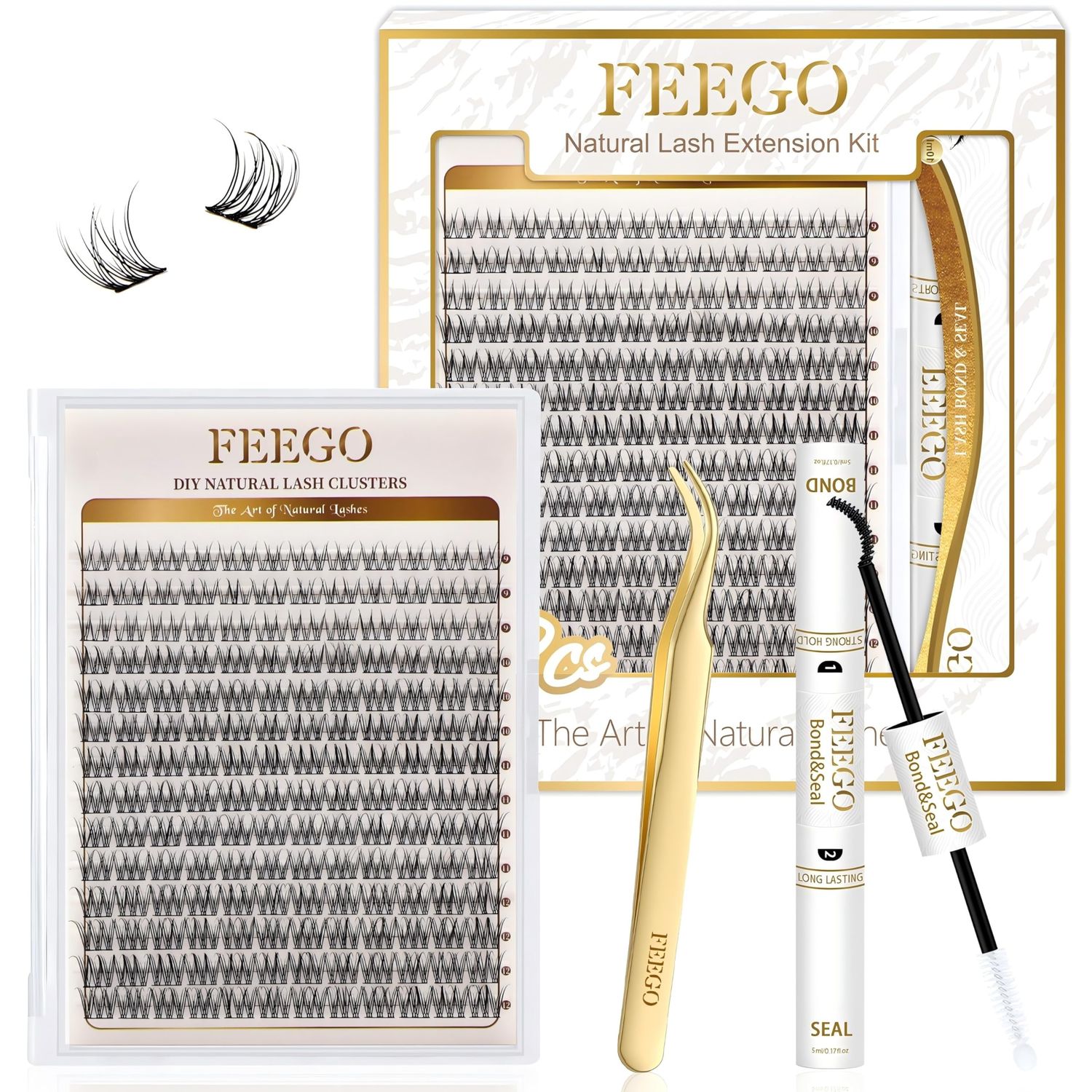 FEEGO Natural Lash Extension Kit 168Pcs Lash Clusters Kit Wispy Eyelash Extensions Individual Lashes Extensions with Bond and Seal Lash Glue and Eyelash Extension Tweezers DIY (9-12 MM)