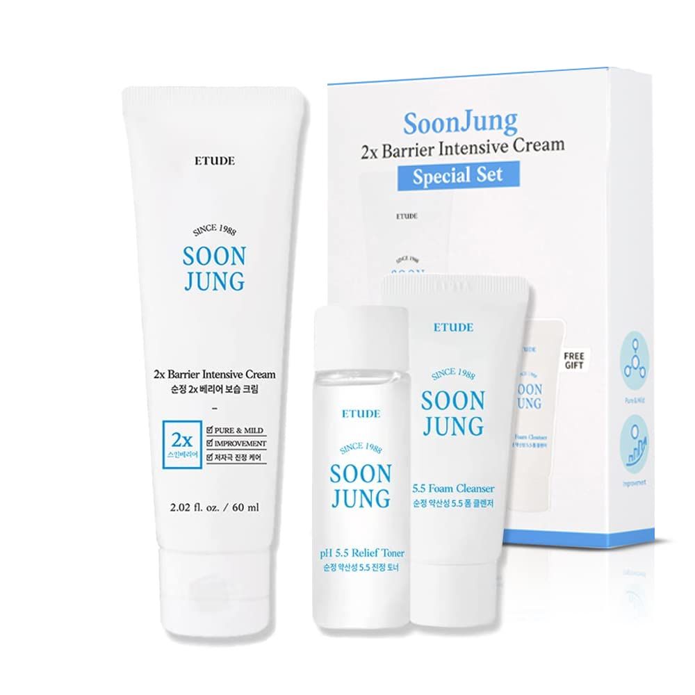 ETUDE Soonjung 2x Barrier Intense Cream Set | 2x Barrier Cream 2.02fl.oz + Ph 5.5 Relief Toner 0.85 Fl.oz. + Foam Cleanser 0.68 Fl.oz. | Oil And Water Balance Moisturizing Cream, Korean Skin Care