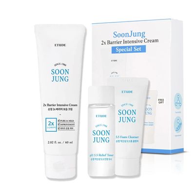 ETUDE Soonjung 2x Barrier Intense Cream Set | 2x Barrier Cream 2.02fl.oz + Ph 5.5 Relief Toner 0.85 Fl.oz. + Foam Cleanser 0.68 Fl.oz. | Oil And Water Balance Moisturizing Cream, Korean Skin Care