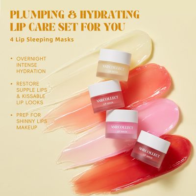 ANRCOLLECT Lip Mask &amp; Lip Moisturizer with 4 Lip Sleeping Mask-Overnight Intensive Treatment Revives &amp; Nourishes for All Day Hydration with Collagen &amp; Shea Butter, Gift Set for Dry Chapped Dark Lips