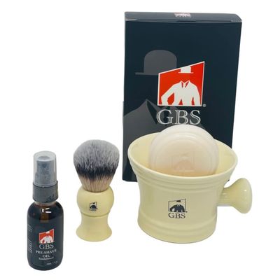 G.B.S Shaving Set for Gentlemen, Premium Men&#39;s Grooming, Men Wet Shaving Set, Ceramic Ivory Shaving Soap Bowl with Shaving Brush, Stand and Natural Soap