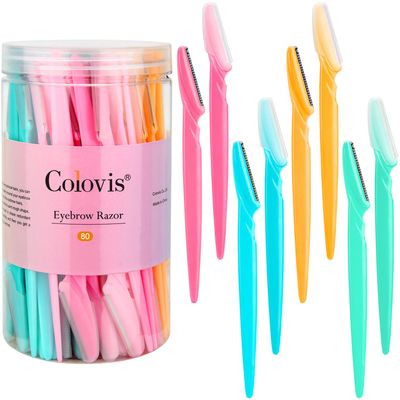 Colovis 80 Eyebrow Razor, Dermaplaning Tool Face Razors for Women and Men with Protective Cover, Multipurpose Facial Eyebrow Soft Hair Removal Disposable Razors, 4 Colors
