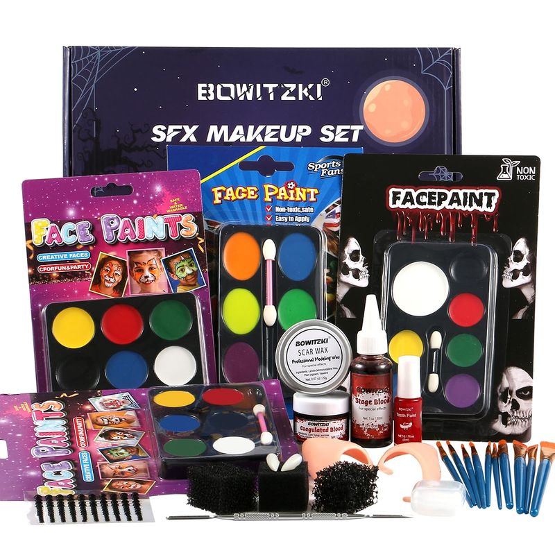 Bowitzki Halloween Makeup Set Oil Based Face Body Paint Special Effects Kit SFX Sponges Scar Wax Fake Blood Brush Tooth Paint Halloween Party SFX Cosplay