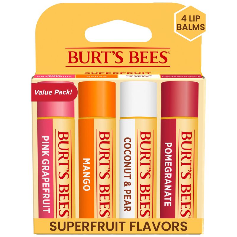 Burt&#39;s Bees Lip Balm Stocking Stuffers, Moisturizing Lip Care Christmas Gifts, SuperFruit - Pomegranate, Coconut &amp; Pear, Mango, Pink Grapefruit, Natural Origin Treatment (4-Pack)