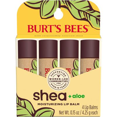 Burt&#39;s Bees Shea + Aloe Lip Balm Stocking Stuffers Christmas Gifts, Antioxidant Vitamin Rich Formula Locks in Moisture for Instant Hydration, Natural Smoothing Lip Treatment for After Sun Care(4-Pack)