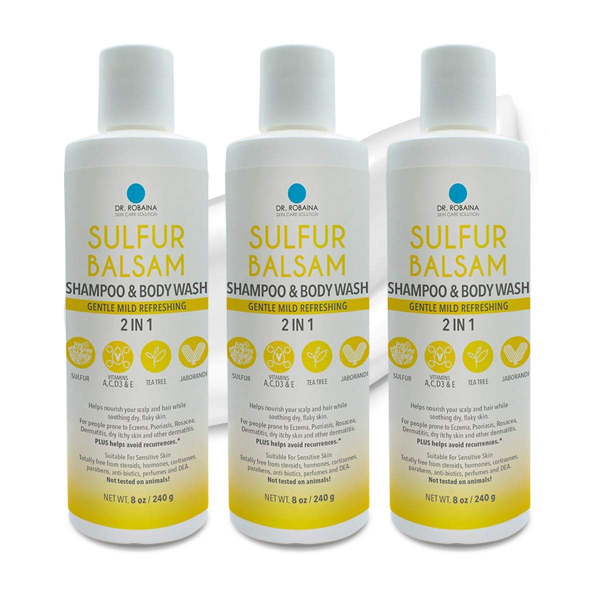 Dr. Robaina Sulfur Balsam Shampoo &amp; Body Wash - Gentle 2-in-1 Cleanser for Seborrheic Dermatitis and Psoriasis Relief - Moisturizes Dry, Itchy Scalp and Skin - Made in the USA (Pack of 3)