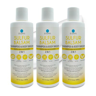 Dr. Robaina Sulfur Balsam Shampoo &amp; Body Wash - Gentle 2-in-1 Cleanser for Seborrheic Dermatitis and Psoriasis Relief - Moisturizes Dry, Itchy Scalp and Skin - Made in the USA (Pack of 3)