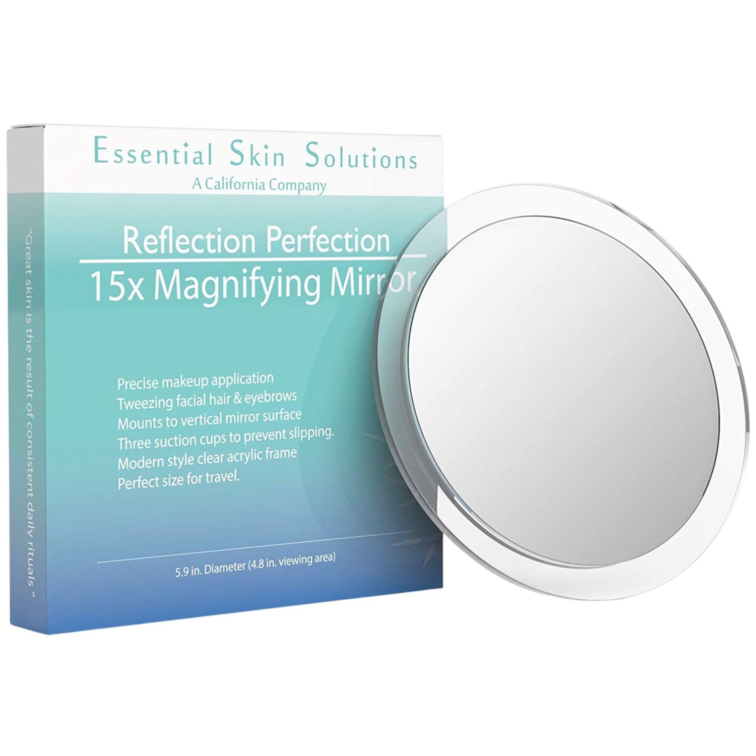 Essential Skin Solutions 15X Magnifying Mirror - Use for Makeup Application - Tweezing - and Blackhead/Blemish Removal - 6 Inch Round Mirror with Three Suction Cups for Easy Mounting