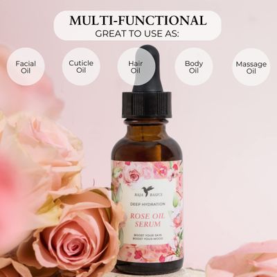 Baja Basics Rose Oil for Face, Rose Essential Oil, Face Serum and Rose Oil for Skin, Hair and Nails, Unrefined Moisturizer, Hydrating Skincare Product 1 oz
