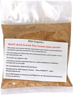 BSD Organics Herby Powder of Avarampoo/Avarm Senna/Senna Auriculata/Tanner&#39;s Cassia/Tamgedu for Tea, Skin Care and More - 100 g / 3.5 ounce
