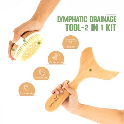 AIFEIVICO Lymphatic Drainage Paddle & Dry Brushing Body Brush, Wood Body Gua Sha Tool with Dry Skin Brush, Lymphatic Massage Paddle for Anti Cellulite - Body Shaping Contouring Sculpting
