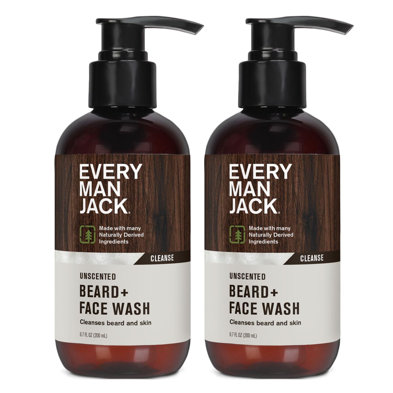 Every Man Jack Unscented Beard + Face Wash - Fragrance Free for Sensitive Skin - Naturally Cleanse and Condition Your Beard and Skin - 6.7-ounce (2 pack)
