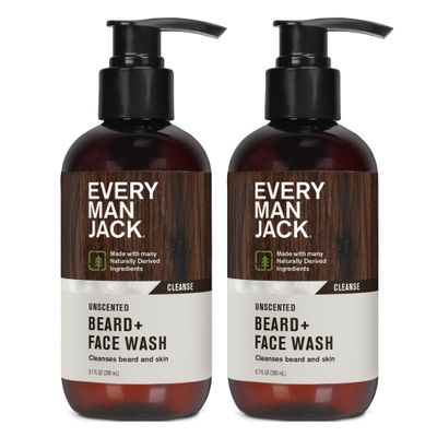 Every Man Jack Unscented Beard + Face Wash - Fragrance Free for Sensitive Skin - Naturally Cleanse and Condition Your Beard and Skin - 6.7-ounce (2 pack)