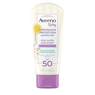 Aveeno Baby Continuous Protection Zinc Oxide Mineral Sunscreen Lotion for Sensitive Skin with Broad Spectrum SPF 50, Tear-Free, Sweat- &amp; Water-Resistant, Travel-Size, 3 fl. Oz
