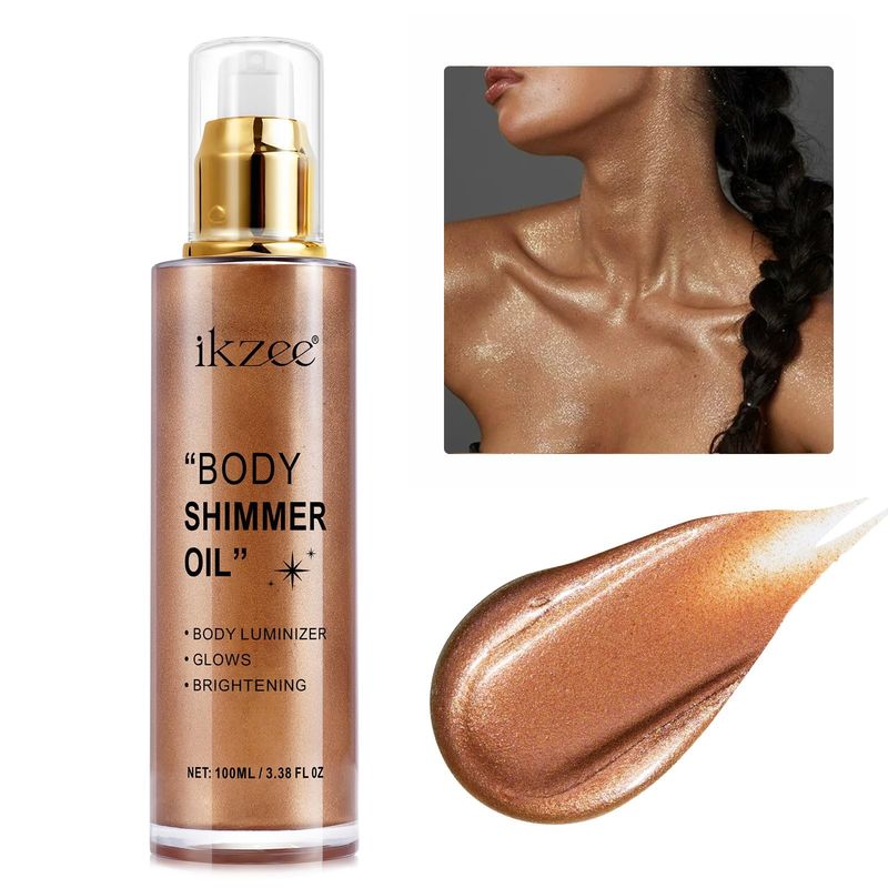 Body Shimmer Oil 100ml, Moisturizing Long Lasting Body Luminizer Face Brighten, Waterproof Liquid Illuminator Body Glow, Shimmer Body Glitter Oil Highlighter Summer Glowing Makeup (#03 Bronze Gold)