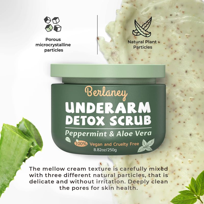 Armpit Detox Scrub 8.8 oz with Peppermint, Aloe Vera and Walnut Shell Powder, Underarm Scrub Helps on Removing Odor, Deep Cleanse &amp; Exfoliating, also for Legs, Knee, Feet, Hands Whole Body
