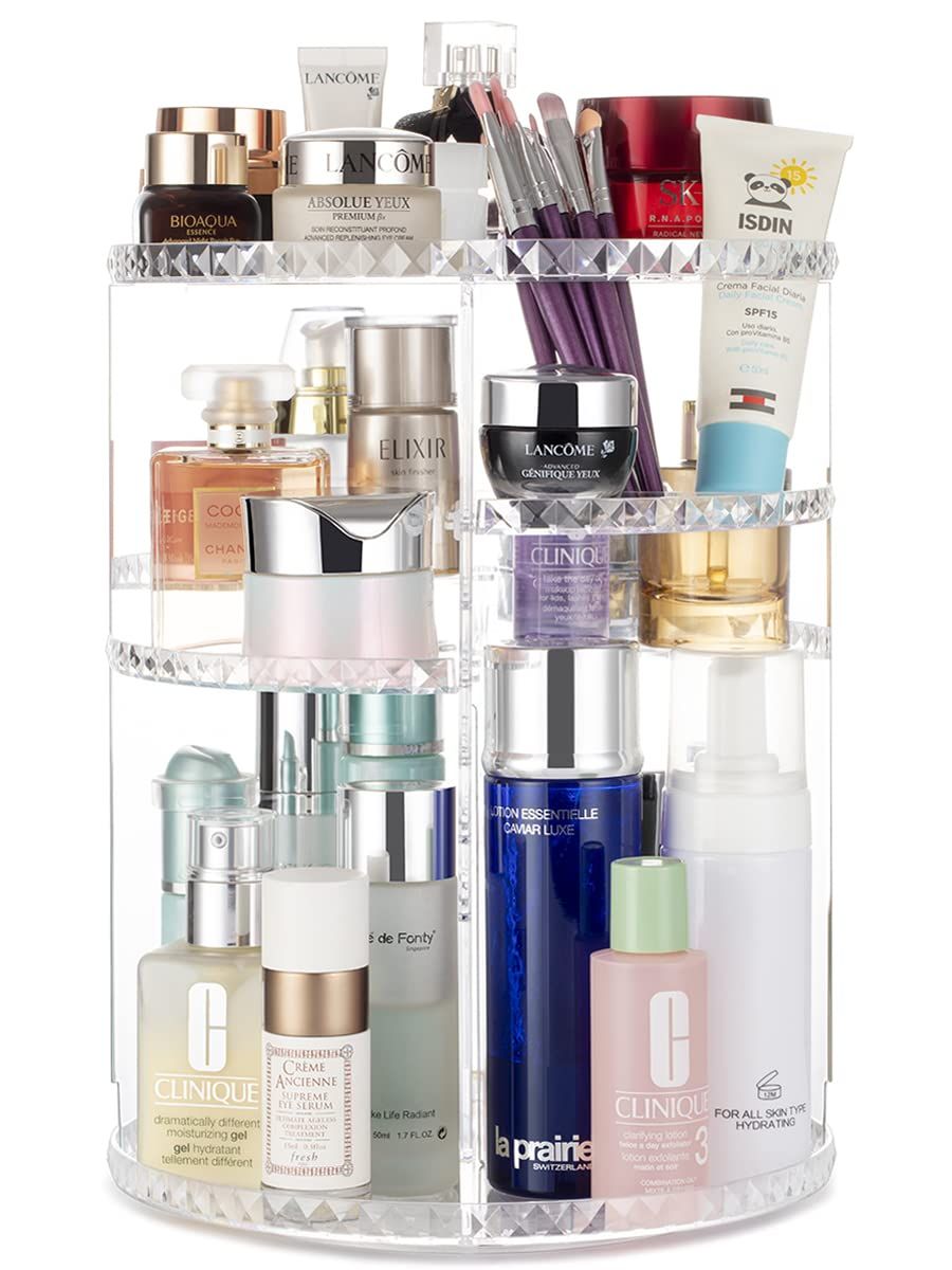 Argox 360 Rotating Makeup Organizer, Skincare Storage Box, Cosmetic Display Case with Brush Holder Perfume Tray, Multifunctional Rotating Rack Suitable for Dressing Tables and Bathroom Countertops