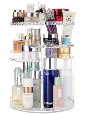 Argox 360 Rotating Makeup Organizer, Skincare Storage Box, Cosmetic Display Case with Brush Holder Perfume Tray, Multifunctional Rotating Rack Suitable for Dressing Tables and Bathroom Countertops