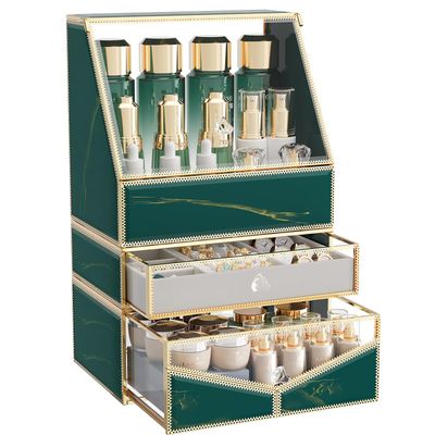 CoralHouse Makeup Organizer Countertop Cosmetics Organizer Skincare Organizer Makeup Storage Vanity Organizer,Stackable Tempered Glass Makeup And Jewelry Organizer (Vintage Green)