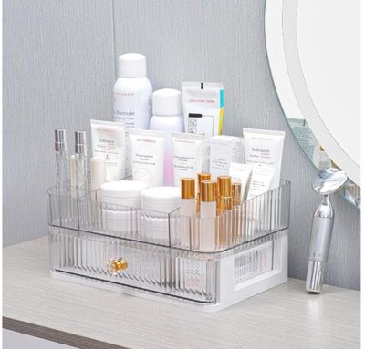 Acrylic Makeup Organizer for Vanity,Cosmetic Display Cases with 1 Drawers and 1 Tray,Stackable Countertop Cosmetics Storage,for Makeup Brush,Hair Accessories,Lipstick and Jewelry,Skincare