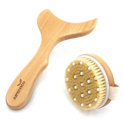 AIFEIVICO Lymphatic Drainage Paddle &amp; Dry Brushing Body Brush, Wood Body Gua Sha Tool with Dry Skin Brush, Lymphatic Massage Paddle for Anti Cellulite - Body Shaping Contouring Sculpting