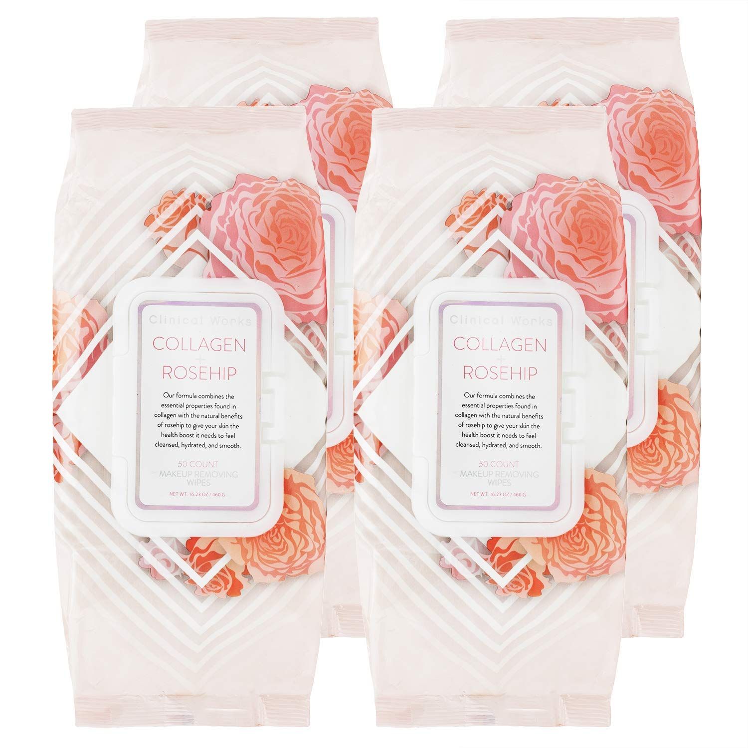 Clinical Works Makeup Remover Wipes Bulk Pack- Collagen and Rosehip Facial Cleansing Wipes, 4 Pack