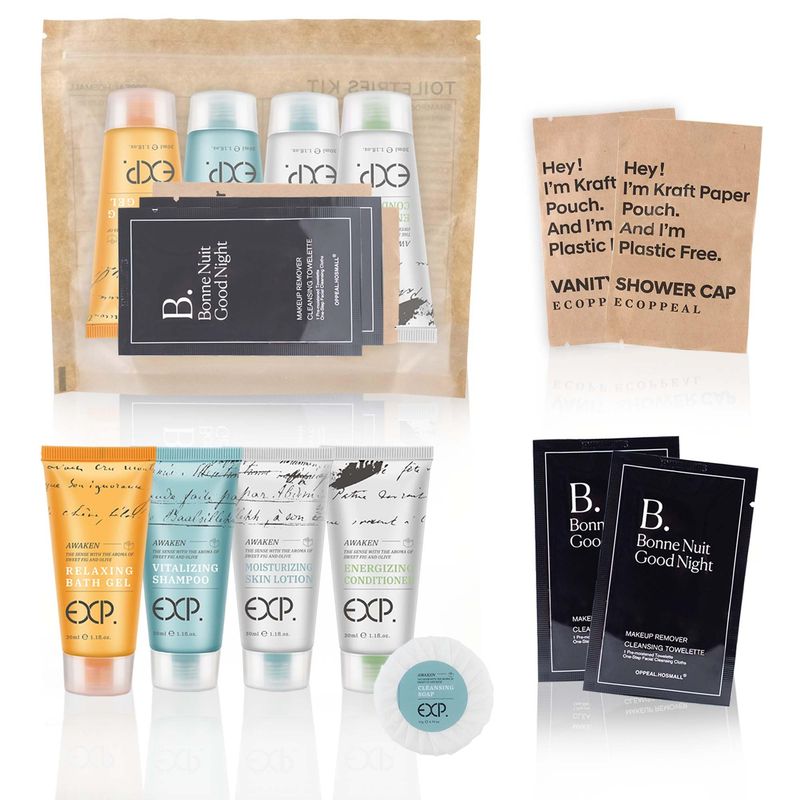 Guestsupply Kits 8-Piece with Travel Size TSA Compliant Essentials, Featuring: Shampoo Conditioner Shower Gel Body Lotion Soap bar Shower Cap Makeup Removers in Sealable Bag. 30 Disposable Toiletries.