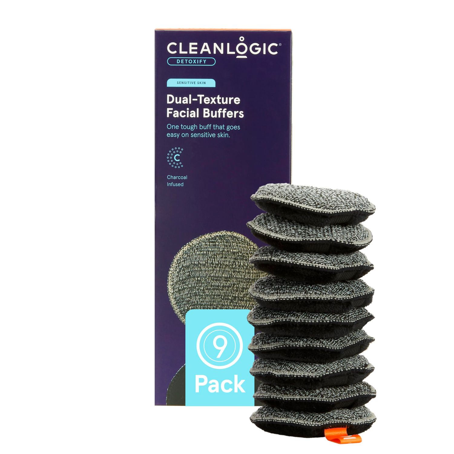 CleanLogic Bath &amp; Body Charcoal Infused Exfoliating Dual-Texture Facial Pads, Face Sponges for Cleansing &amp; Softening Sensitive Skin, MakeUp Remover Pads, 9 Count Value Pack