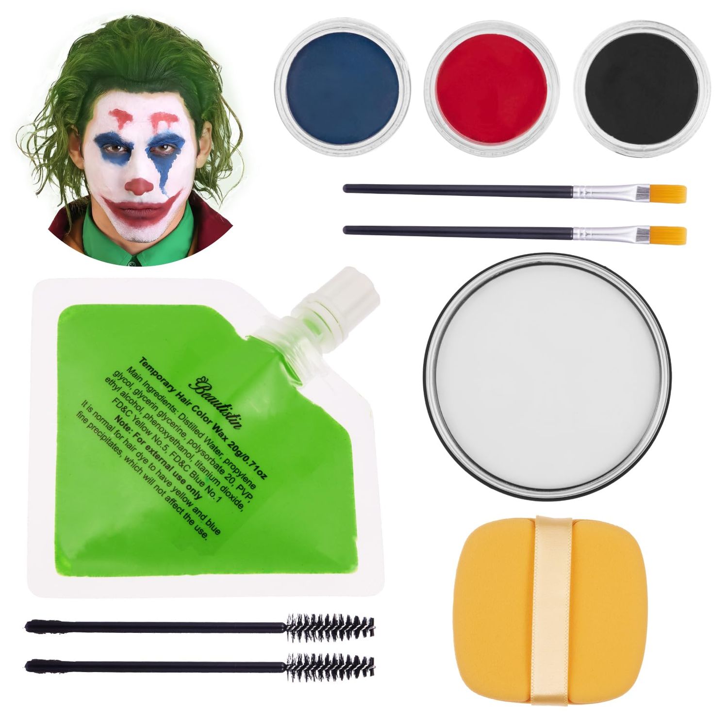 Halloween Joker Clown Makeup Kit - Joker Make Up Kit Includes White Red Black Blue Oil Based Face Body Paint and 20g Green Temporary Hair Color Wax, Powder Puff and 2 Black Brushes, for Joker Cosplay