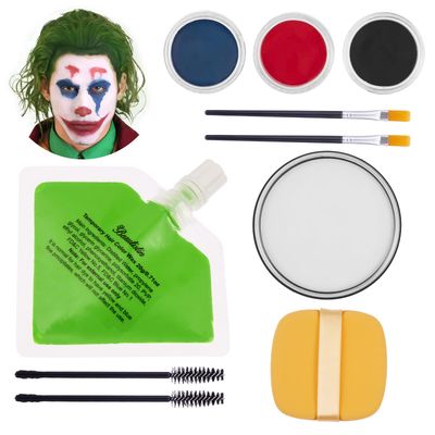 Halloween Joker Clown Makeup Kit - Joker Make Up Kit Includes White Red Black Blue Oil Based Face Body Paint and 20g Green Temporary Hair Color Wax, Powder Puff and 2 Black Brushes, for Joker Cosplay
