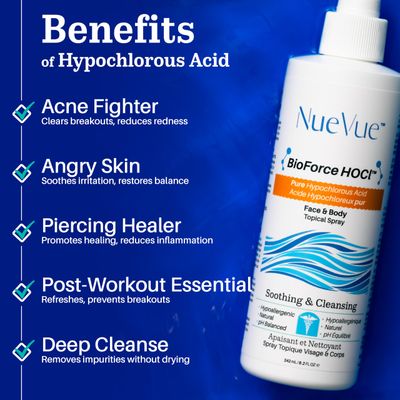BioForce Pure Hypochlorous Acid Spray For Face & body - Made in Canada, Gentle Skin Cleanser & Toner, Face Care for Acne, Eczema, Piercing aftercare, pH Balanced, Alcohol-Free, NueVue (2-Pack x 8.2oz)