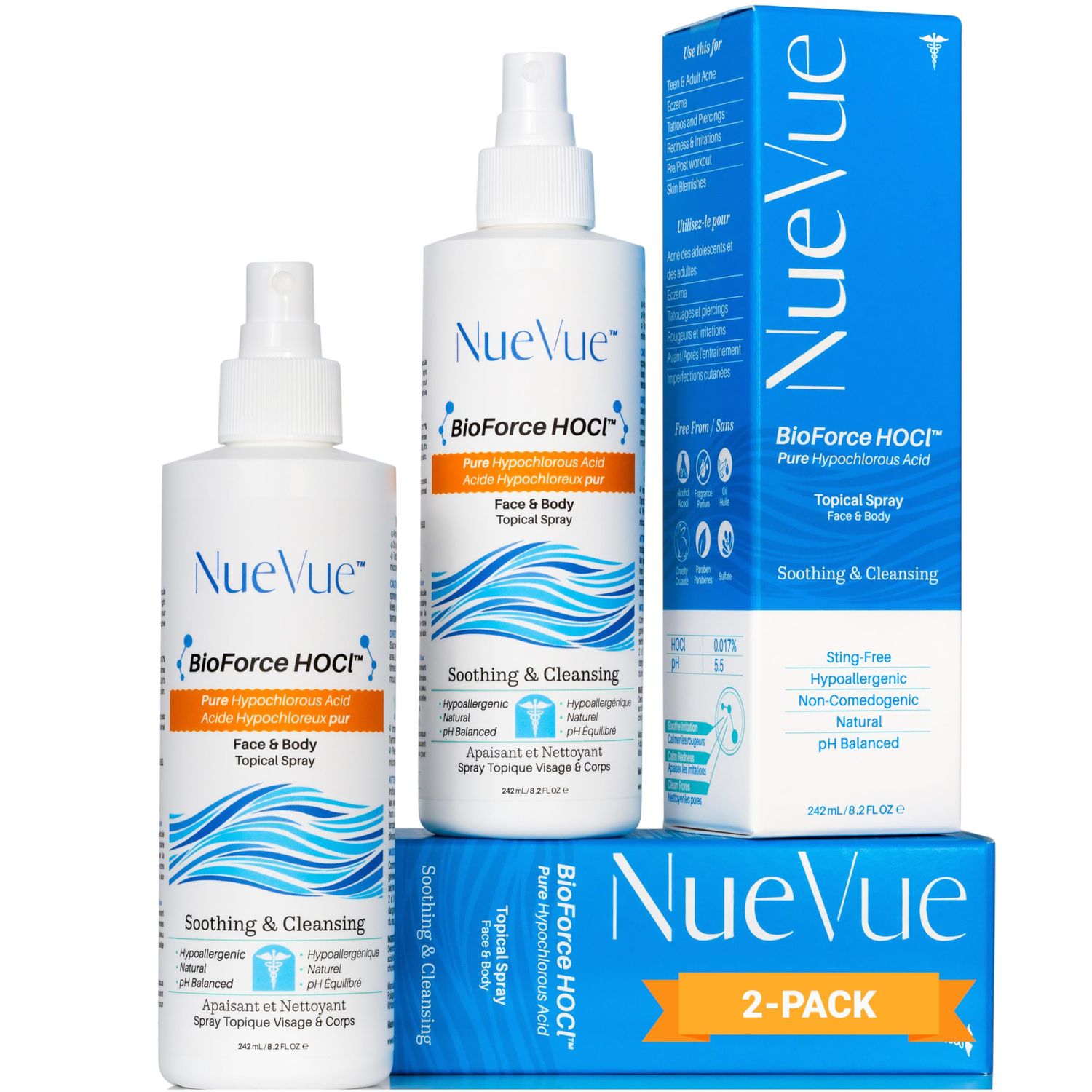 BioForce Pure Hypochlorous Acid Spray For Face &amp; body - Made in Canada, Gentle Skin Cleanser &amp; Toner, Face Care for Acne, Eczema, Piercing aftercare, pH Balanced, Alcohol-Free, NueVue (2-Pack x 8.2oz)