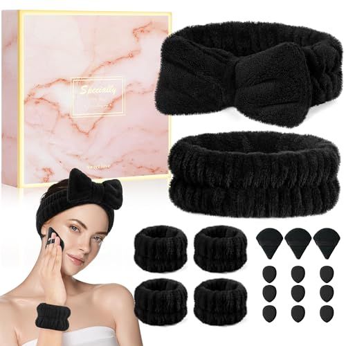 Crosize Headbands and Wristbands Set for Washing Face, Spa, Skincare, Gift for Women and Girls, with Powder Puffs, Black