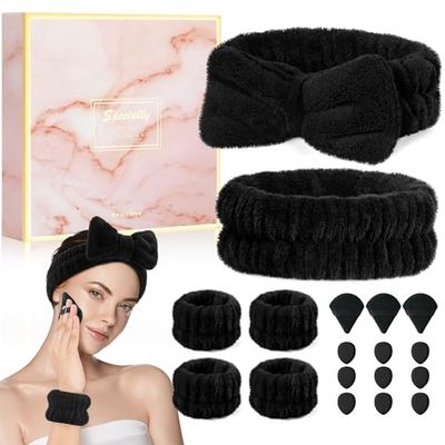 Crosize Headbands and Wristbands Set for Washing Face, Spa, Skincare, Gift for Women and Girls, with Powder Puffs, Black