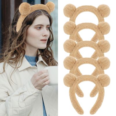 GAFATORY Bear Ears Plush Headbands for Women and Girls - Cute Animal Costume Party Accessories, Skincare Makeup Headbands, Brown