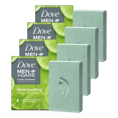 DOVE MEN + CARE Plant-Powered Natural Essential Oil Bar Soap Reinvigorating Lime + Avocado Oil to Clean and Hydrate Mens Skin 4-in-1 Bar Soap for Men&#39;s Body, Hair, Face and Shave. 5 oz, 4 Count