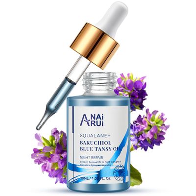 ANAI RUI Bakuchiol Blue Tansy Night-Repair Facial Oil Natural Retinol Alternative + Squalane Jojoba, for Deep Wrinkles &amp; Fine Lines Soothing,Calm &amp; Soothe Redness,Hydrating, Balancing, 1 FL.OZ