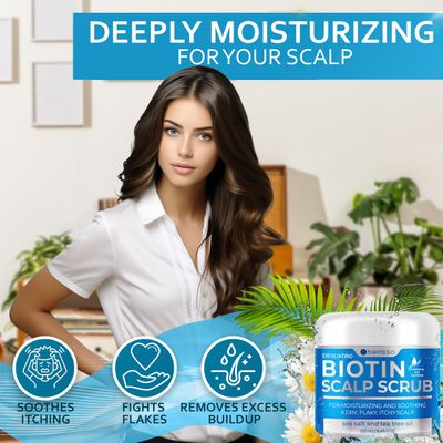 Biotin Scalp Scrub - Exfoliator Treatment for Dry Hair and Itchy, Flaky Scalps - Intense Moisturizer and Detox Cleanser for Build Up Relief - Anti Dandruff Mask with Tea Tree Oil for Women and Men