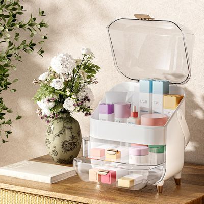 Delamu 2-Drawer Vanity Organizer with Lid DustProof, Skincare Makeup Organizers for Counter Large Capacity, Stylish Bathroom Counter Organizer for Vanity Bathroom Countertop, White