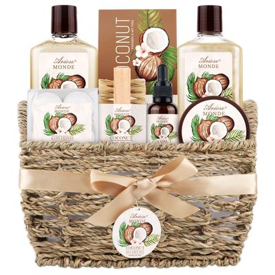 Bath &amp; Shower Spa Basket Gift Set, Coconut Scent, with Shower Gel, Bubble Bath,Body Lotion, Bath Bomb,Bath Salt, Bath and Body Gift Box for Women