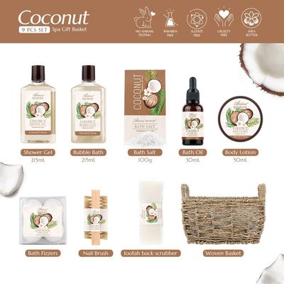 Bath &amp; Shower Spa Basket Gift Set, Coconut Scent, with Shower Gel, Bubble Bath,Body Lotion, Bath Bomb,Bath Salt, Bath and Body Gift Box for Women